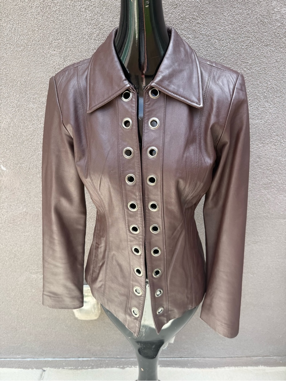 Neiman Marcus Exclusive Brown Lambskin Leather Grommet Eyelet Jacket Size 6